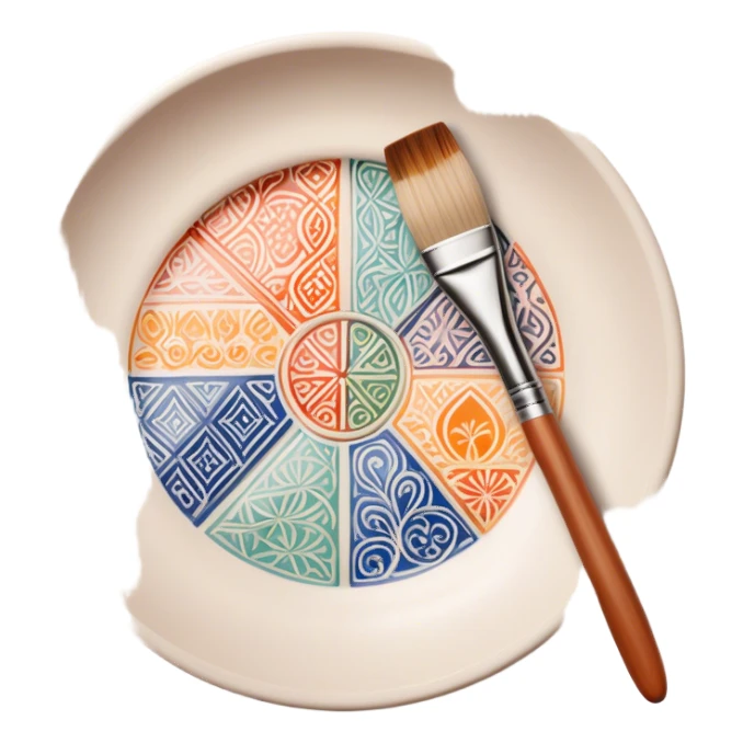 Ceramic painting icon, hand-painted ceramic plate or vase with intricate patterns, visible paintbrush, paint pots, and ceramic tools, colorful glaze, no finished artwork, just the painting process, minimalistic style, clean lines, transparent background. sticker