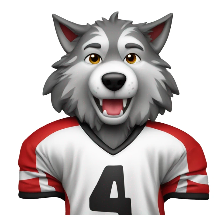 A wolf in a hockey uniform in red black and white with sticker