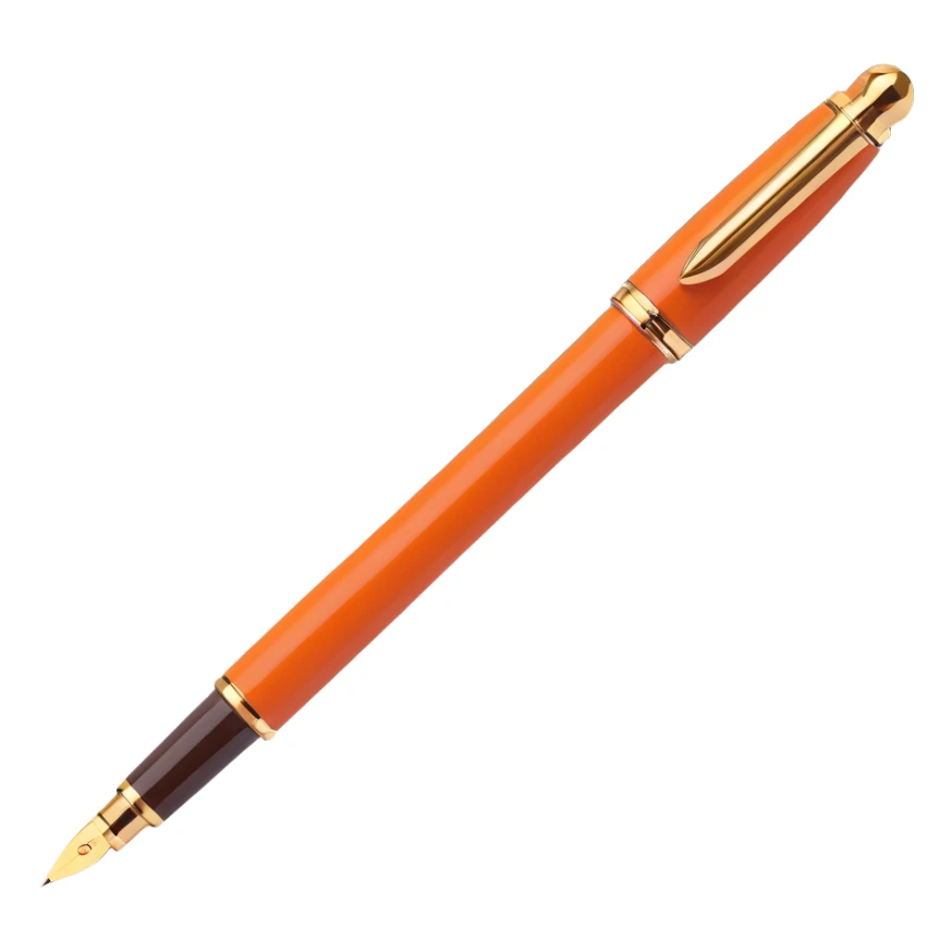 luxury 3D fountain pen, dark brown lacquer finish, gold trim, Hermès orange accent, elegant design, no text sticker