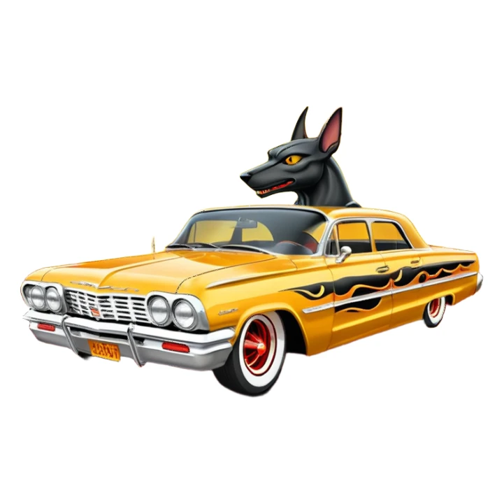 Satan’s streamlined Hot rod custom 1964 impala low rider four door Anubis themed painted hood flaming side-mounted under-door chrome exhaust pipes driving straight to hell  sticker