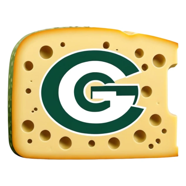Green Bay Packers “G” logo colored in forest greeen, with a bold black outline, on a block of Swiss cheese  sticker