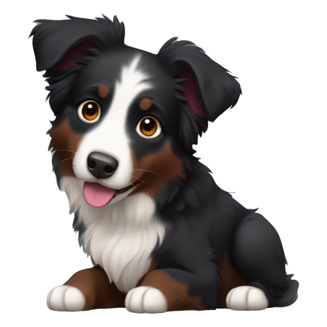 Small black australian shepherd dog with huge maroon heart sticker