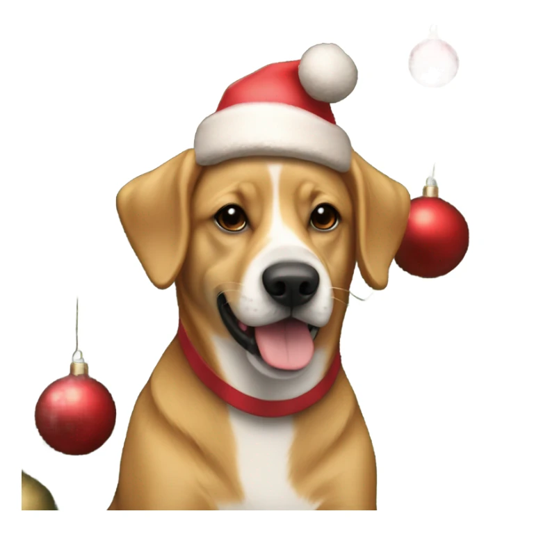 A light brown dog in a ssnta hat sitting next to a Christmas tree decorated with red and white ornaments sticker