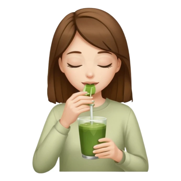 White girl with brown hair eyes closed enjoying matcha drink  sticker