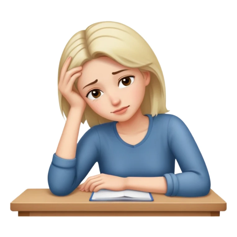 Tired woman with slight smile leaning head on one hand, elbow on desk sticker