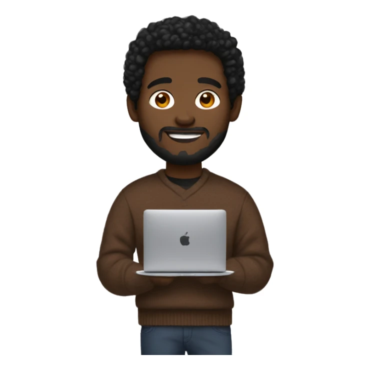 Designer with a MacBook with dark hair in brown sweater and Air Pods Max  sticker