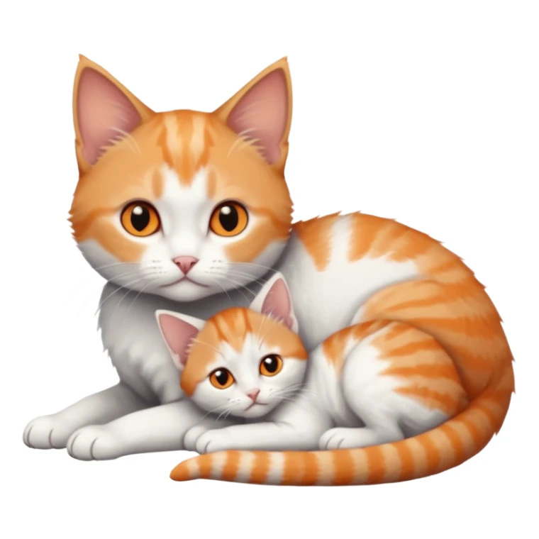 full body of very small + skinny ginger and white kitten with deep orange eyes and triangular shaped face lying down cuddling a grey and white kitten who is a bit bigger than him sticker
