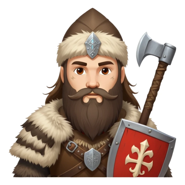 Russian pagan warrior with fur clothing, axe, shield with Slavic symbols, long beard sticker