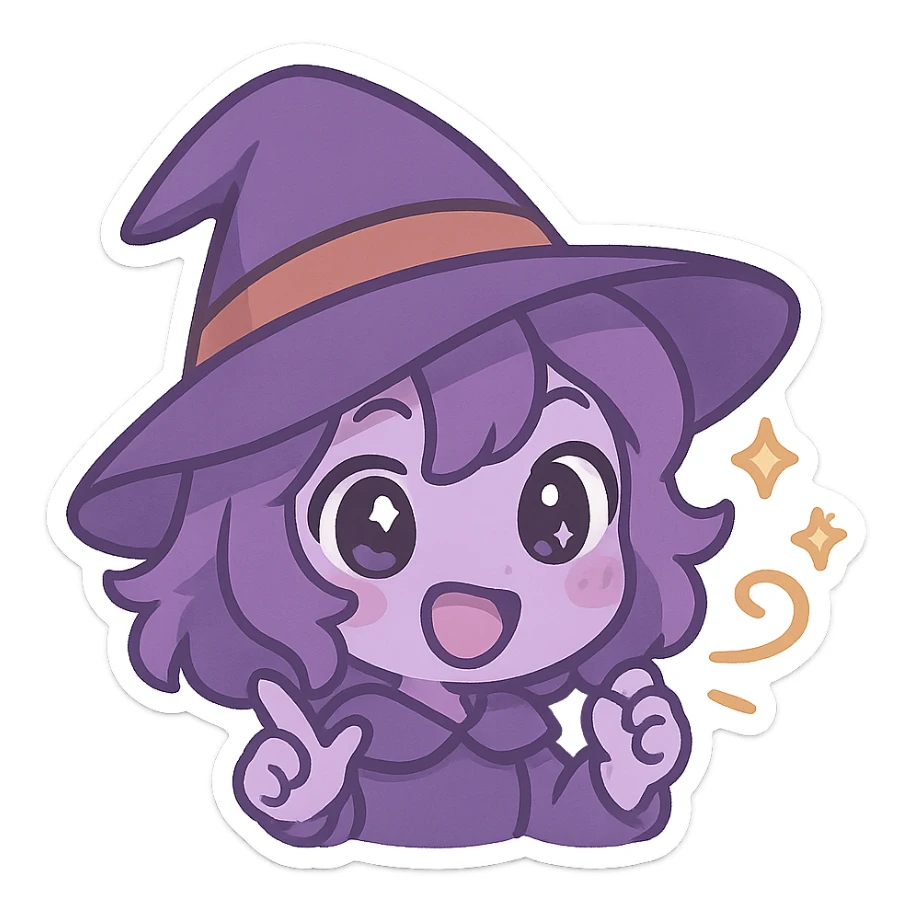 Purple Chibi stickers, cute witch hat, playful and magical, Chibi style sticker