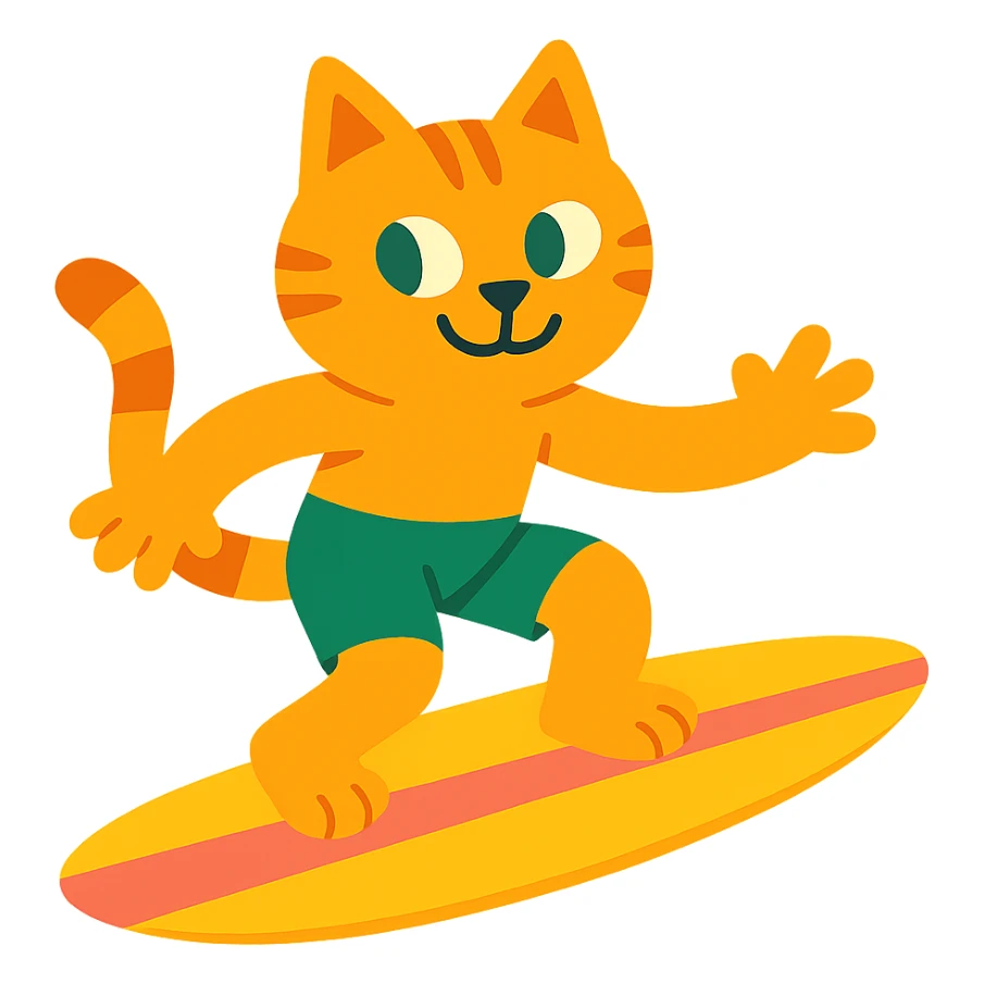 orange cat with green shorts surfing sticker