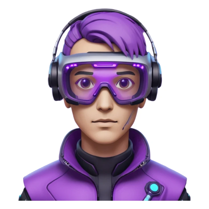 Cyberpunk man head 3d puruple cyber VR -glasses half rotate face 3d sticker