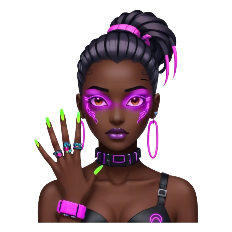 cyberpunk style neon 
manicure with long nails shows fak sticker