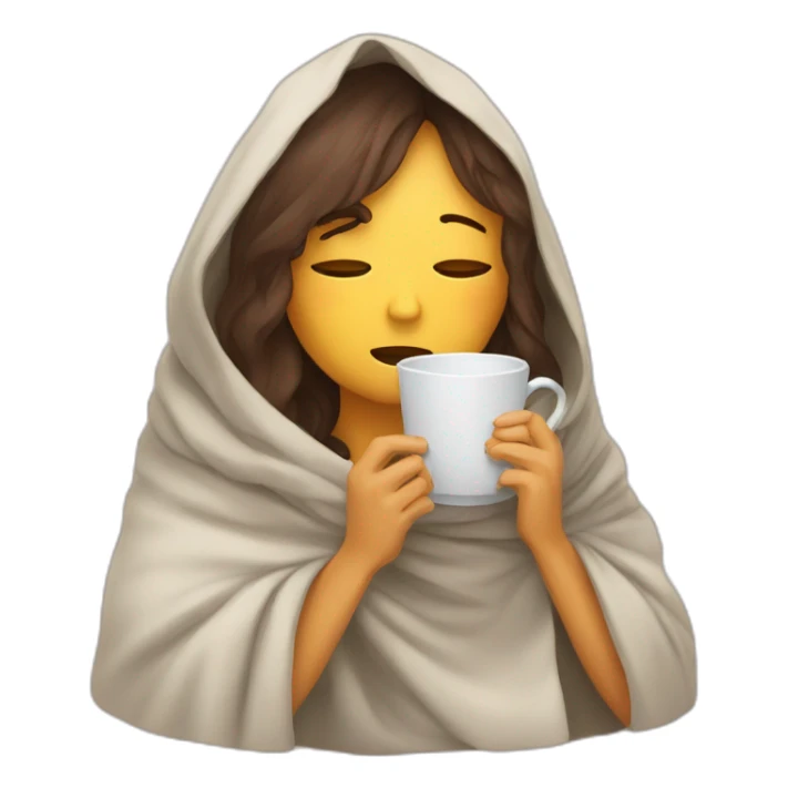 sad and tired woman sitting under blanket with hot tea sticker