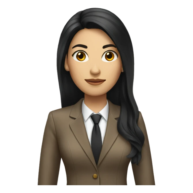 Female defense attorney with long black hair with brown suit sticker