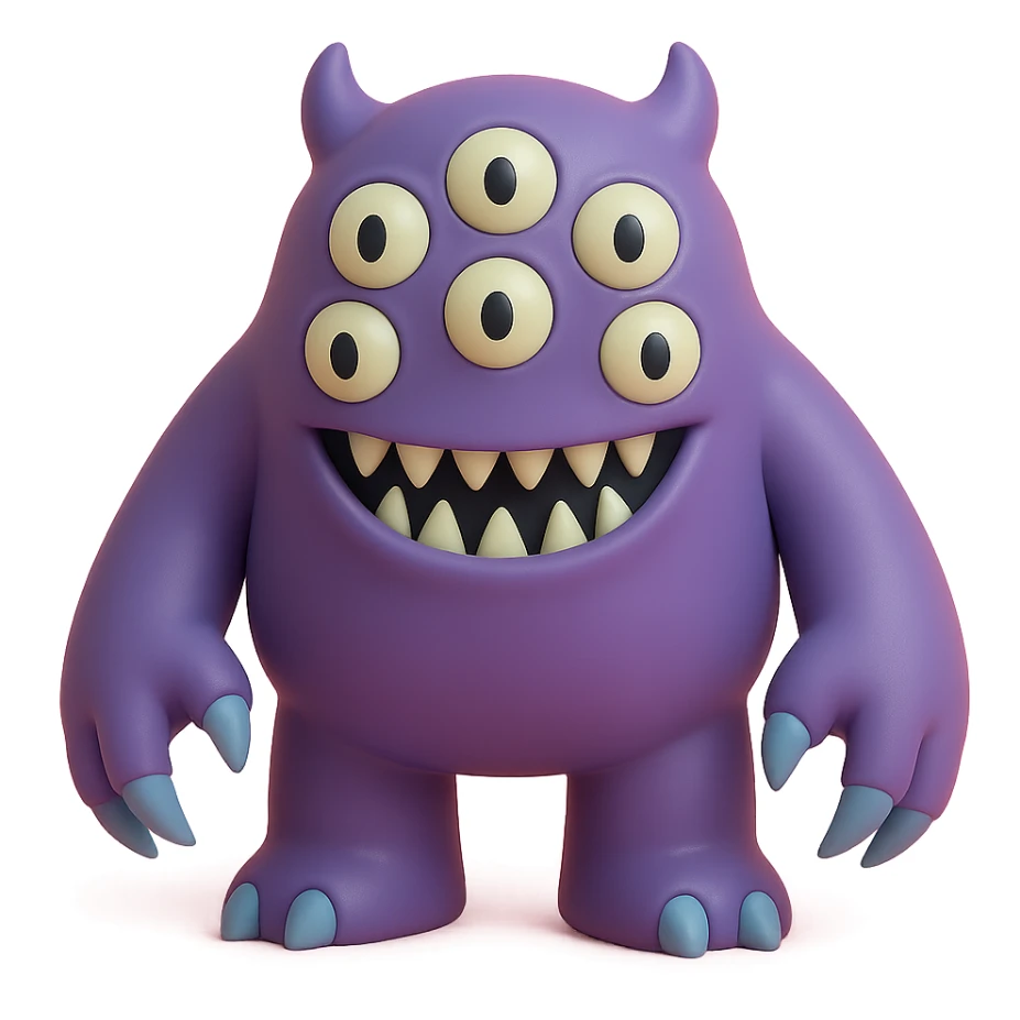 terrifying monster with multiple eyes, long claws, menacing grin, deep purple and black colors, vinyl figure style sticker