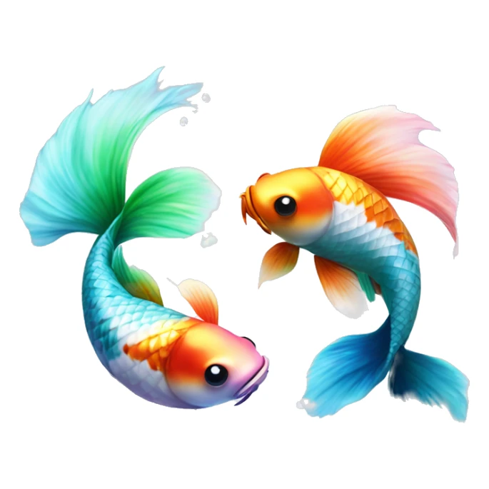  Two realistic koi fish, one green & blue, the other pink & white, swimming in a circle into each other, ying yang, Pisces fish, cloudy, water, dreamy, bubbles, iridescent sticker