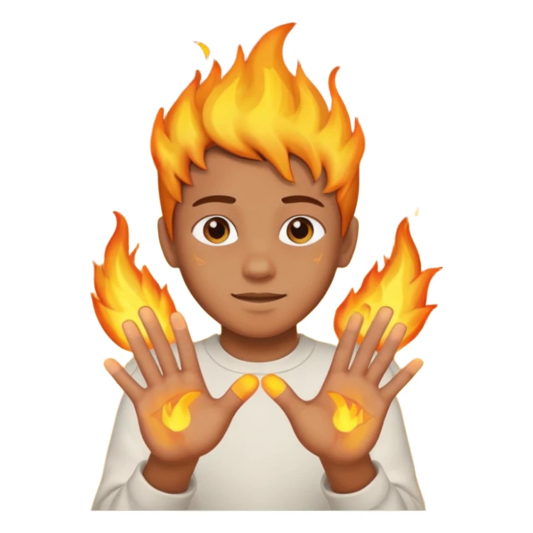 A boy with his entire hands made out of fire sticker