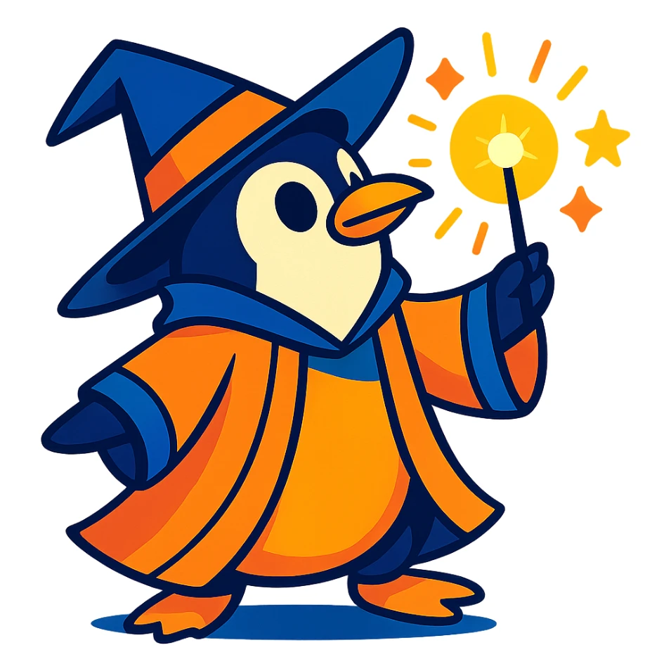 vibrant style penguin wizard casting a spell with a glowing wand and robe sticker