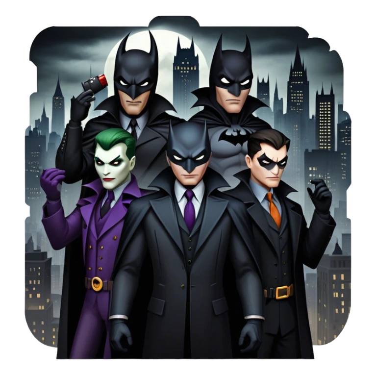 Icon for Thriller Movies: A large, dramatic collage featuring sinister villains in dark clothing. The background shows the gloomy cityscape of Gotham, with dim lighting and eerie shadows. The atmosphere should be tense, mysterious, and suspenseful. Transparent background. sticker