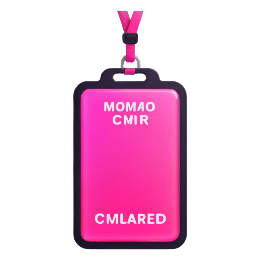 ID badge, transparent glass with bright pink gradient from #FF335F to #FF99AA, highlights and reflections, minimalistic sticker