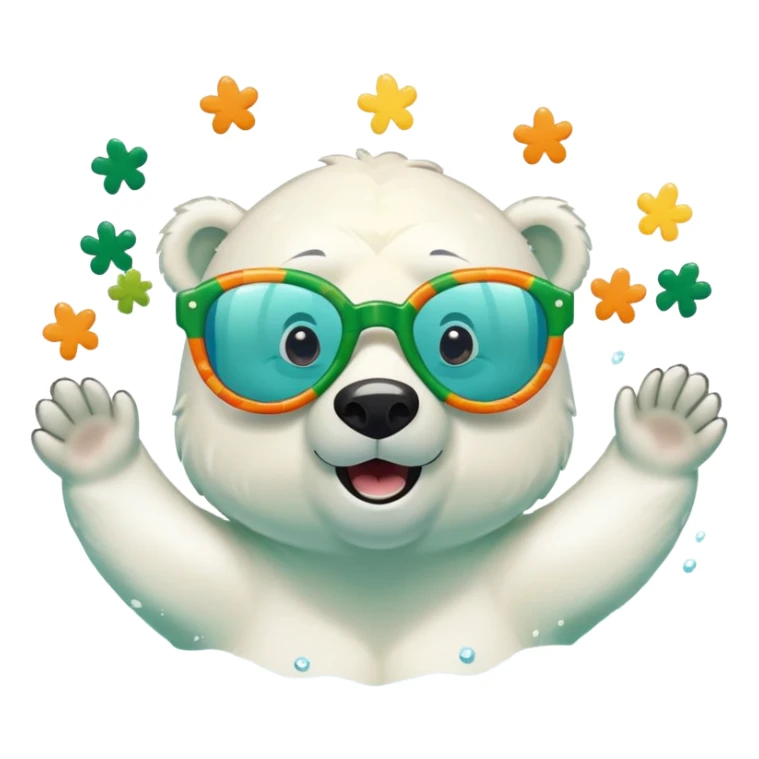 friendly anthropomorphised polar bear swimming freestyle, excited expression, wearing large multicolored star-shaped glasses, no St. Patrick's Day outfit sticker