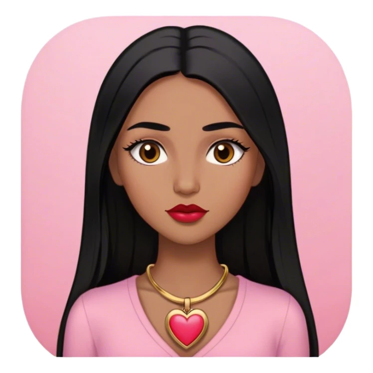 Woman,Medium brown skin,super long black straight hair, medium brown arched eyebrows, full lashes, red nude lips, small gold heart locket, pink shirt sticker