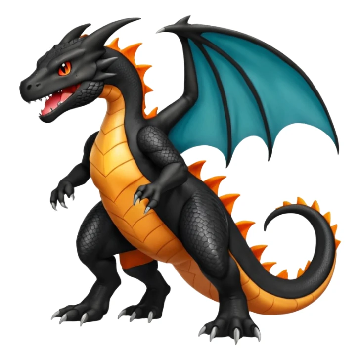 Shiny Black Koraidon-Charizard-Salandit-Fakémon-hybrid-creature (full body) with orange belly sticker