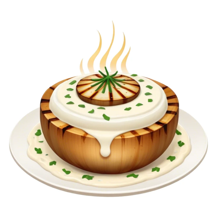 Varenyky with grilled onions on the top and white souse  sticker