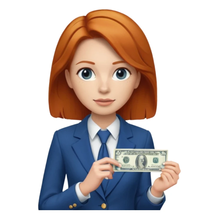 ginger hair Woman wearing blue suit holding dolar sticker
