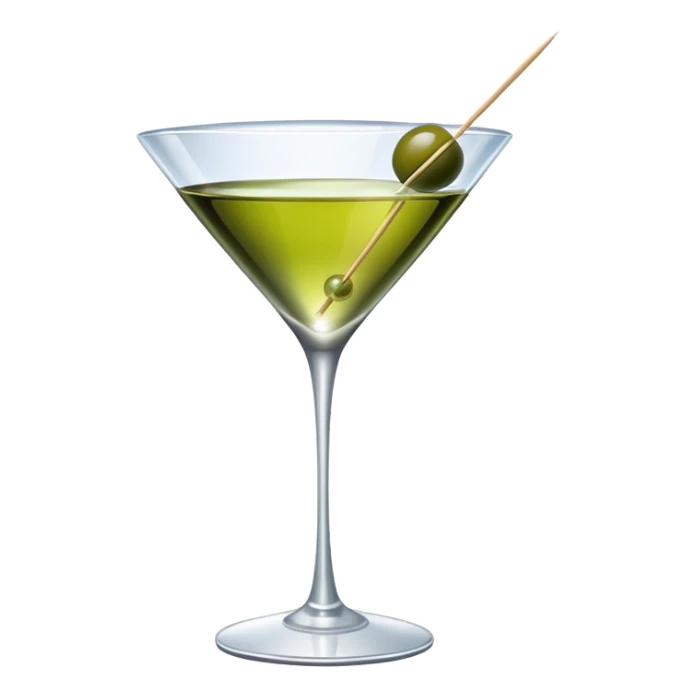 martini glass with clear liquid and an olive at the bottom skewered by a toothpick sticker