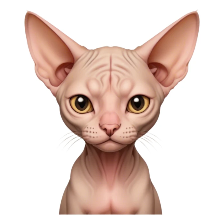 A hairless Sphynx cat, shivering slightly, big ears, wrinkled face, looking cold but determined, cartoon style, transparent background. sticker