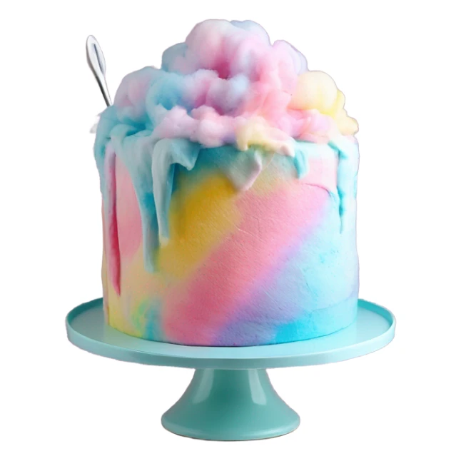 Realistic 5 layered cotton candy color pastel tie dye cake on cake stand with icing tool. sticker
