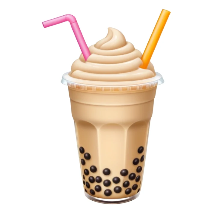 Taiwan bubble milk tea with giant tapioca pearls and wide straw, simplified emoji style with bold outlines and bright colors, cartoon style boba drink sticker
