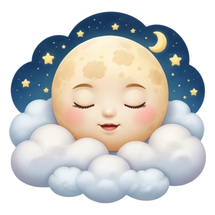 Cinematic adorable moon with a sleepy face, round and chubby, soft glowing light, tiny rosy cheeks, resting on a bed of fluffy clouds, dreamy and peaceful. sticker