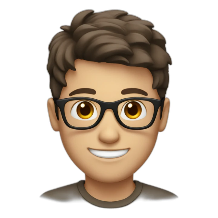 white boy with dark brown hair with circle brown glasses and a smile sticker