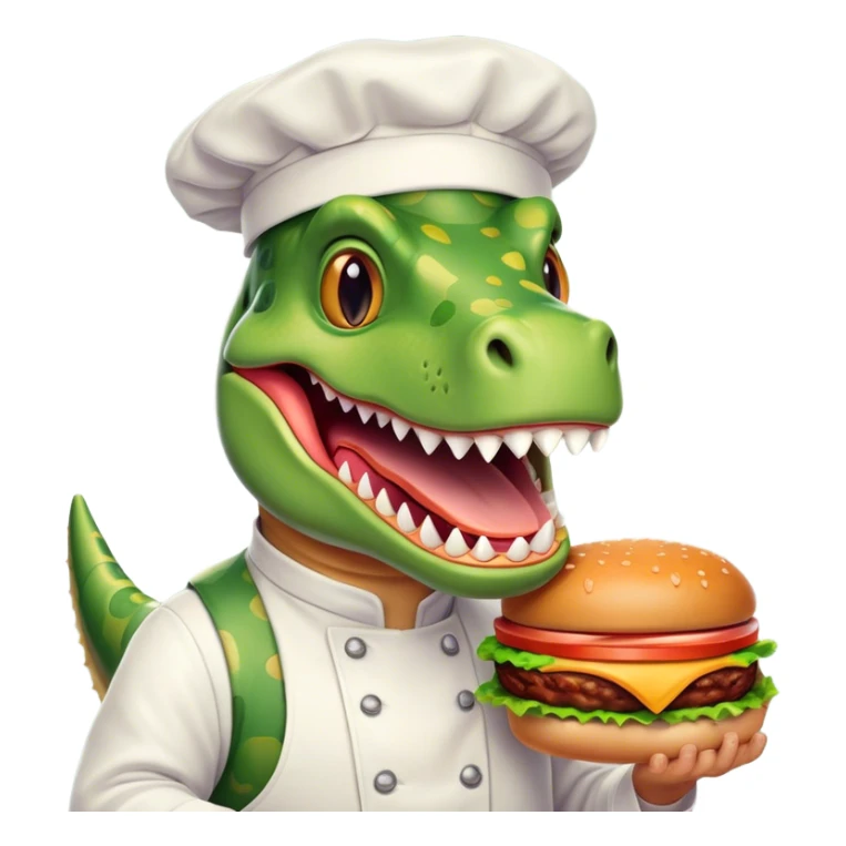 crea un dinosaurio rex alegre, sosteniendo una hamburguesa con el uniforme de chef sticker