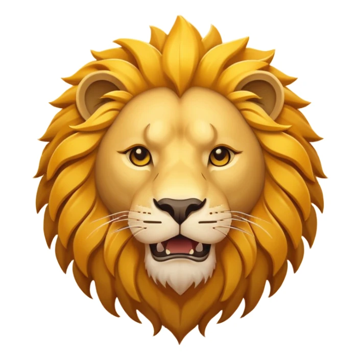 Roaring lion head icon, flat design, simple shapes, golden mane, sun behind, minimal details, solid colors, app icon style sticker