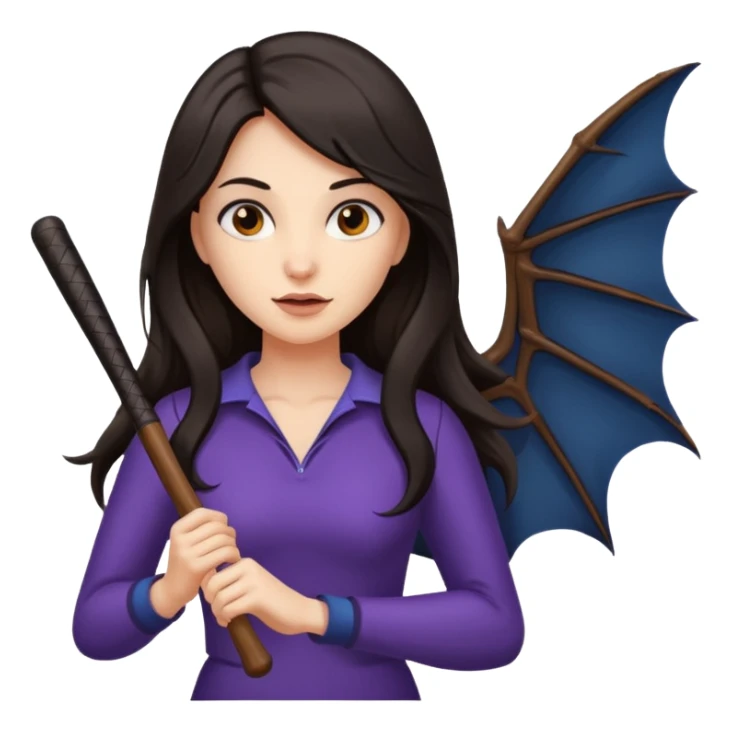 woman with long dark hair holding a flying bat sticker