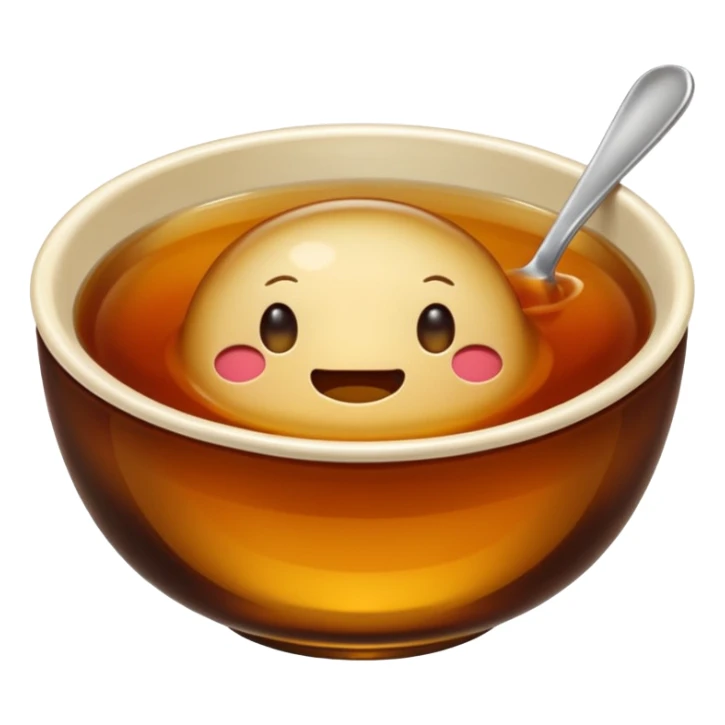 bowl of consommé, transparent brown liquid, no face, no smile, no expression, only food, emoji style sticker