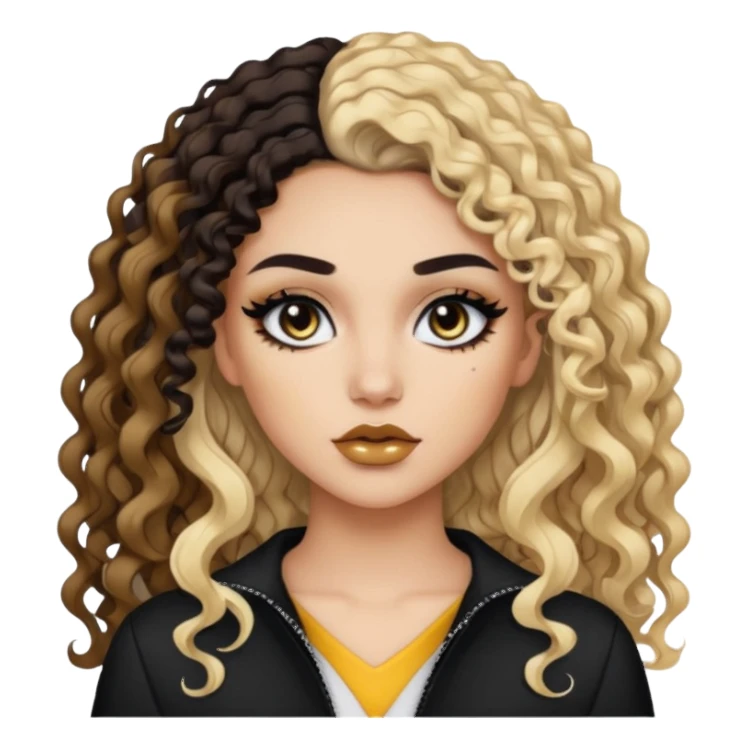 Split dye brunette and blonde, baddie, pretty makeup, black eyeliner, long and curly hair sticker