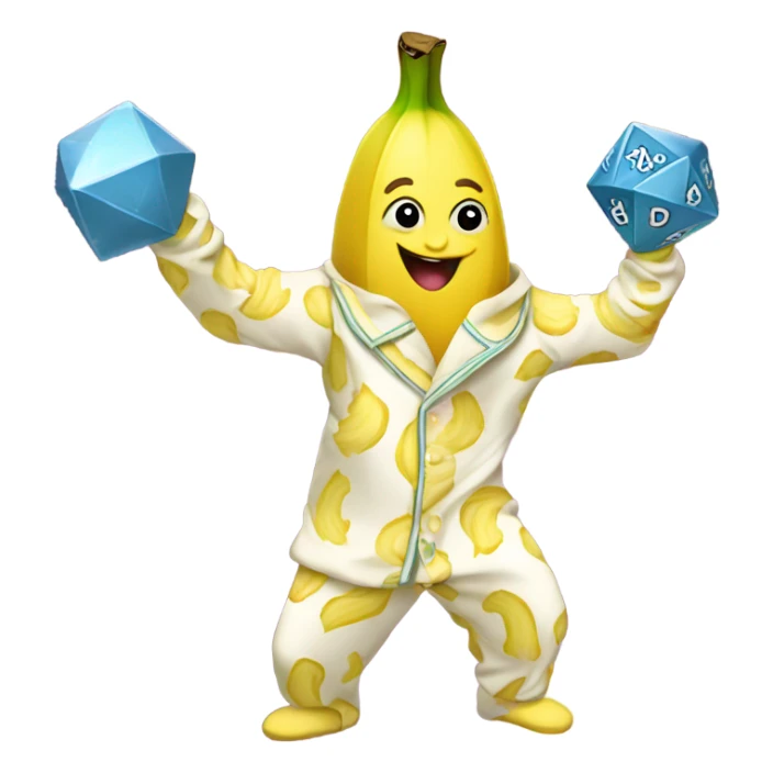 Banana in pajamas dancing and holding a d20 sticker