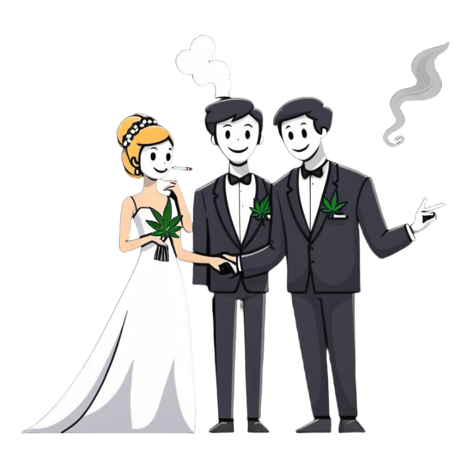 Person in fancy clothes sneaking into a wedding ceremony with a mischievous grin, uninvited guest, smoking cannabis sticker