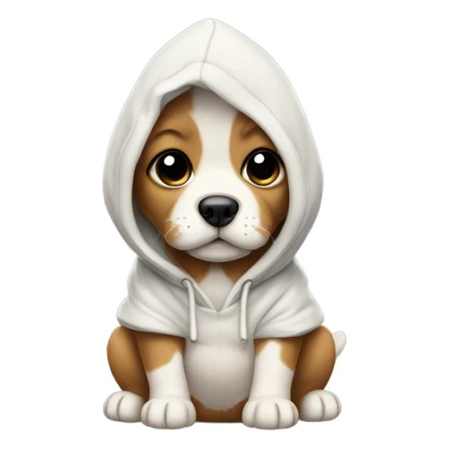 Puppy wearing hoodie with a bone sticker