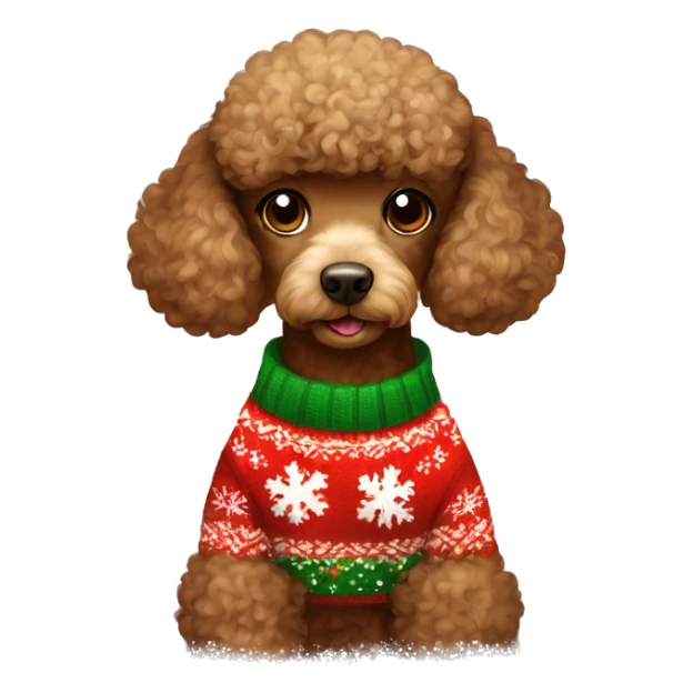 A brown mini poodle wearing  a Christmas sweater sticker