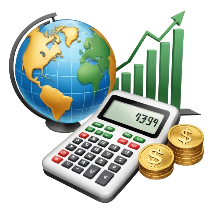 An icon featuring a calculator, a dollar sign, and a chart with upward trends, symbolizing economics. The design includes coins, bills, and a globe, representing global trade and financial systems. Transparent background highlights the study of markets, supply, and demand. sticker