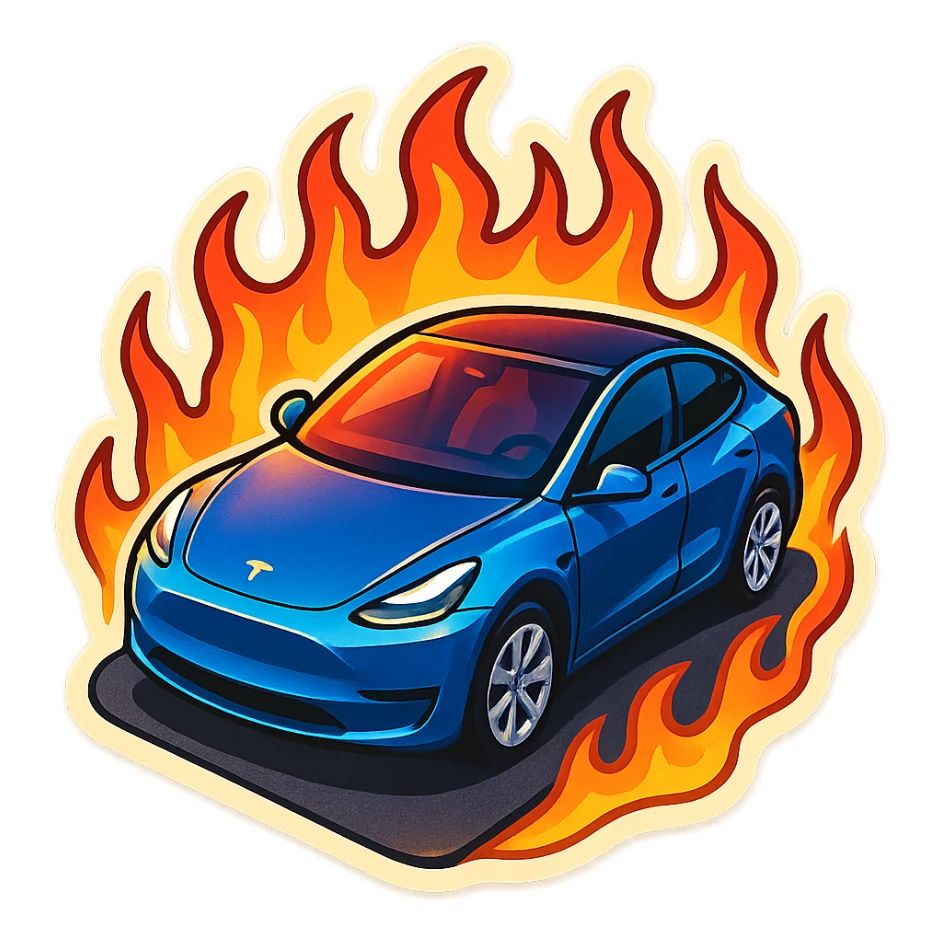 A Tesla Model Y parking in a driveway, from above, with fire around sticker