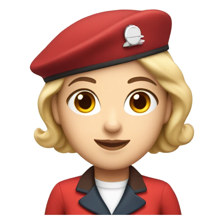 A white flight attendant in a red uniform and a red beret with brown eyes sticker