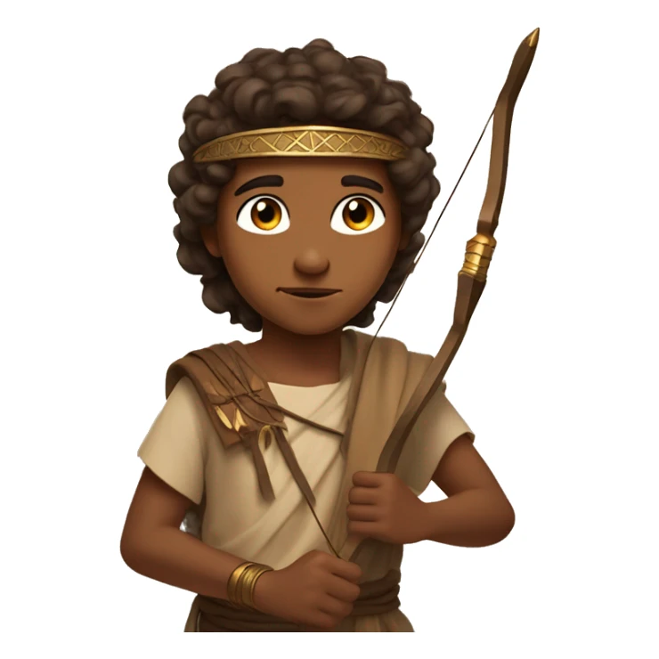 A Young Boy from the ancient Middle East with a brown headband, brown hair, brown skin, brown ancient Middle Eastern style clothes, using a bow and arrow and behind him is a Divine light. sticker