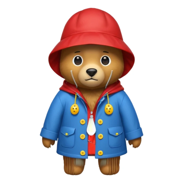 A bear in a red rain hat and a blue raincoat with yellow buttons down the middle sticker