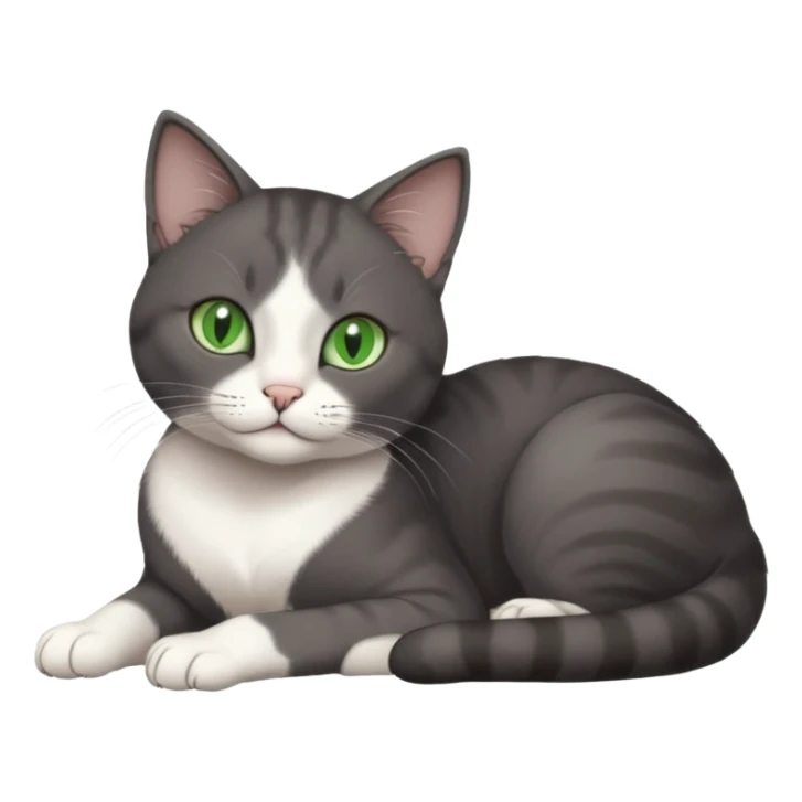 beautiful female solid dark grey cat with green eyes, white toes/paws and white patch on her chest lying down sticker